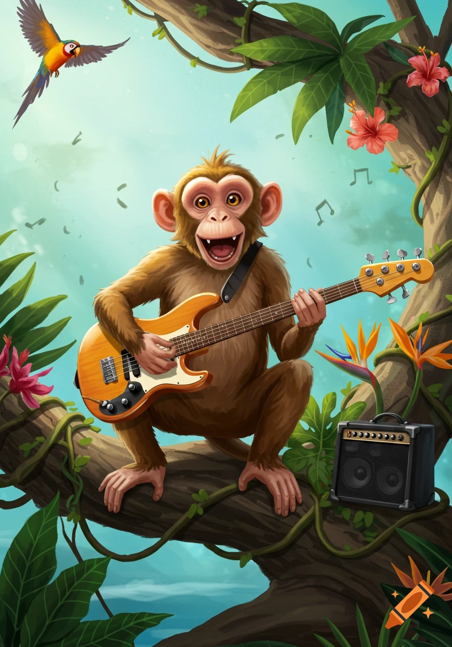 A happy cartoon monkey playing a bass guitar on a tree branch in a ...