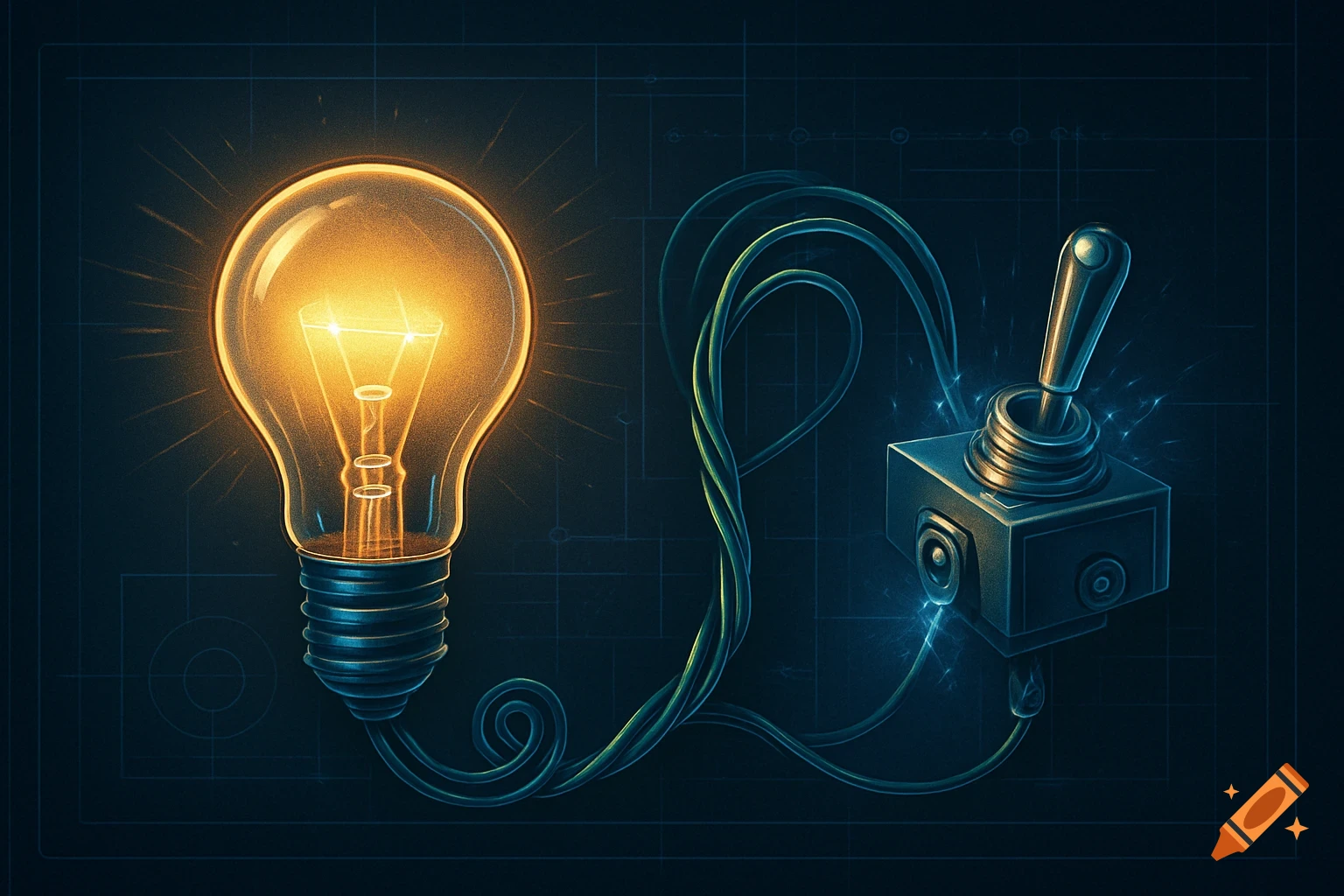 A glowing light bulb is connected by intertwined wires to a toggle switch against a dark, technical background in an illustrated style.