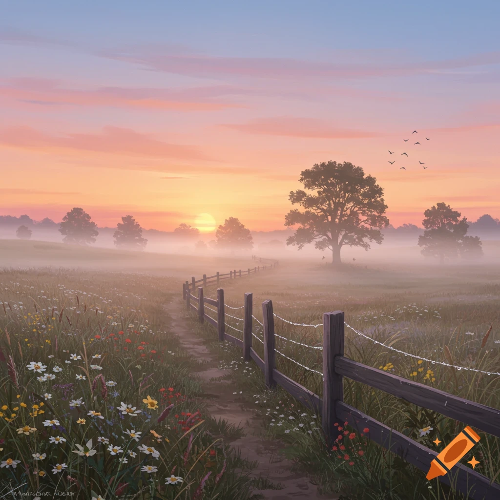 Misty sunrise over a wildflower field with a winding dirt path and wooden fence