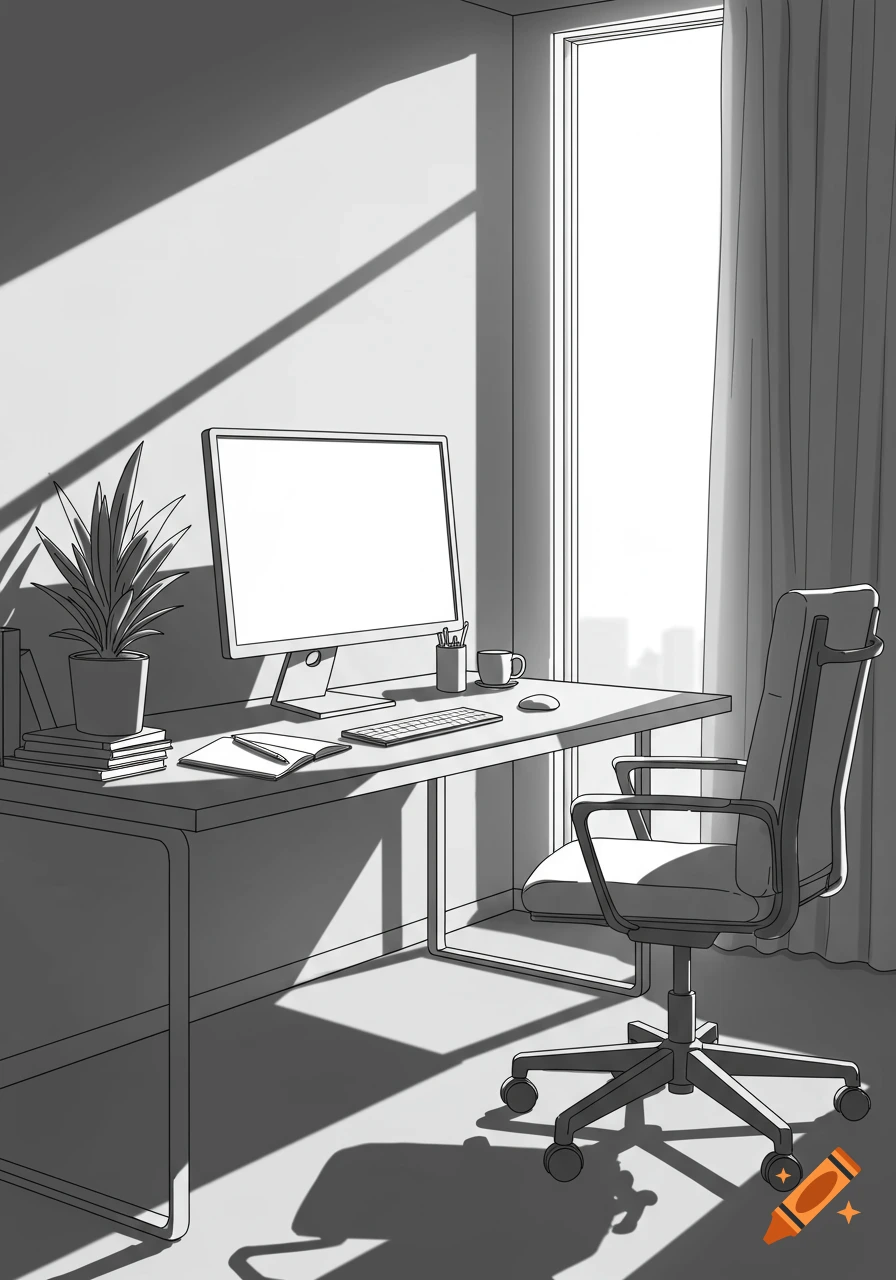 A black and white line art drawing of a sunlit workspace with a desk, monitor, plant, books, and an office chair by a large window.