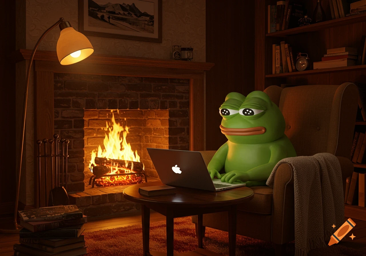 Pepe the frog sits in an armchair, typing on a laptop in front of a roaring fireplace in a cozy, dimly lit room.