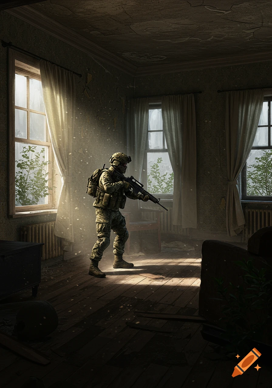 A soldier in combat gear stands alert with a rifle in a sunlit, abandoned room with peeling walls.