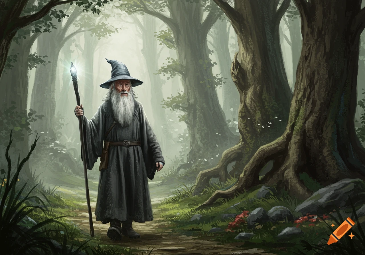A white-bearded wizard in grey robes stands on a misty forest path, holding a glowing staff. Digital painting.