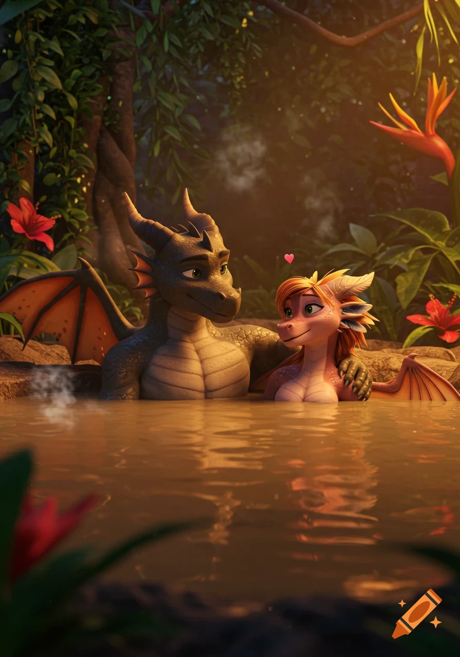 Two 3D animated anthropomorphic dragons, a male and female, lovingly relax in a muddy hot tub amidst lush jungle foliage.