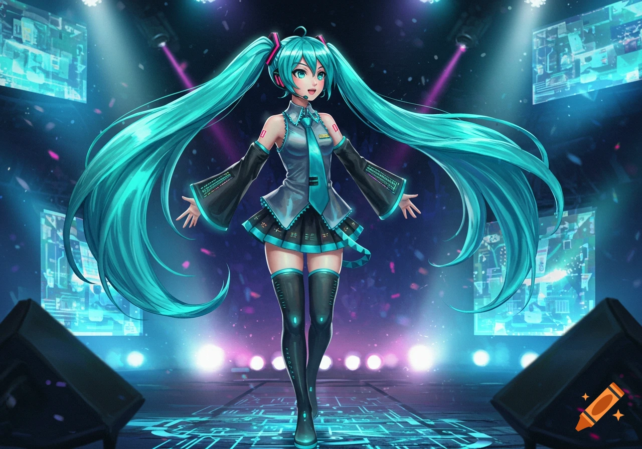 Vibrant anime illustration of Hatsune Miku on a futuristic stage with blue and purple lights.