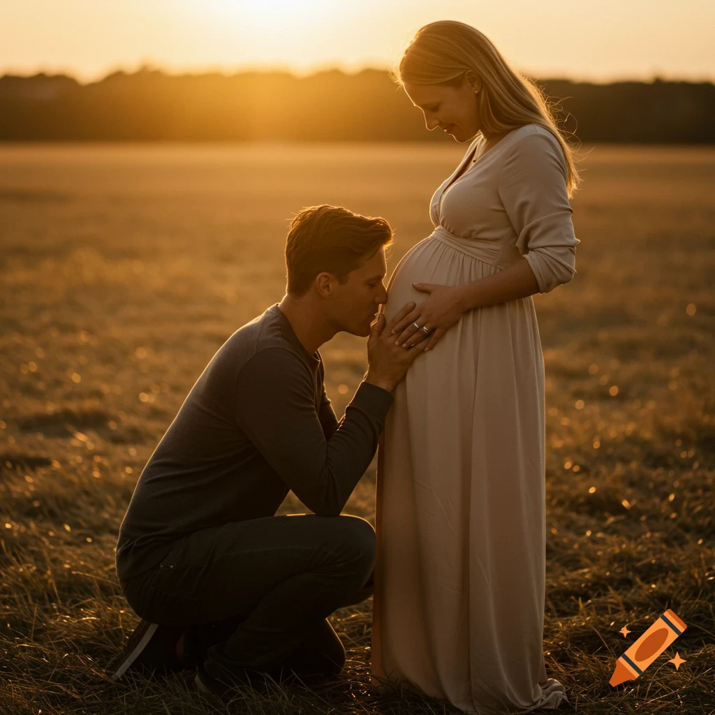 Photorealistic image of a man kneeling and kissing a pregnant woman's belly in a golden field at sunset.