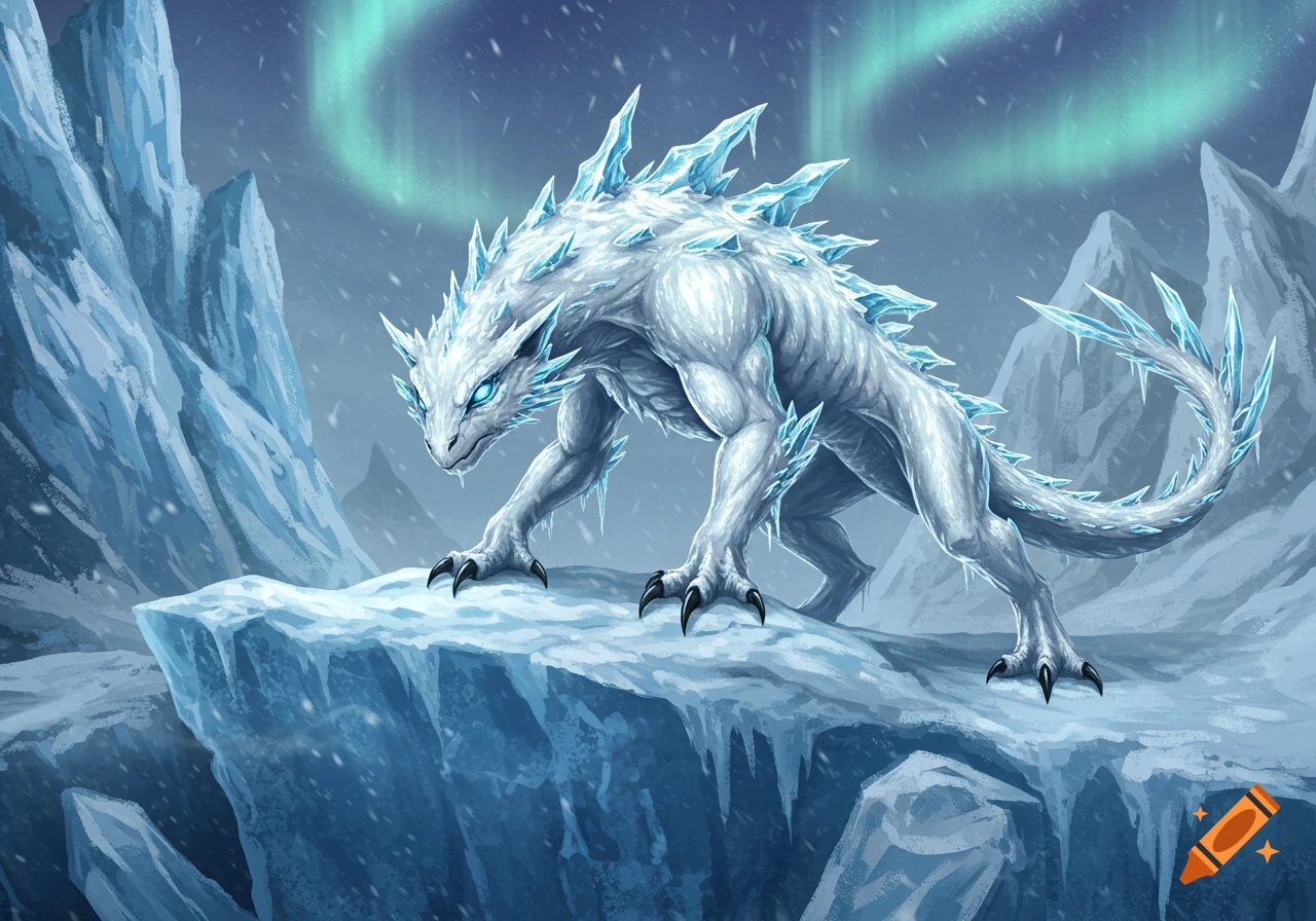 A white ice creature with glowing blue eyes and sharp ice spikes along its back and tail stands on a snowy cliff under a green aurora.