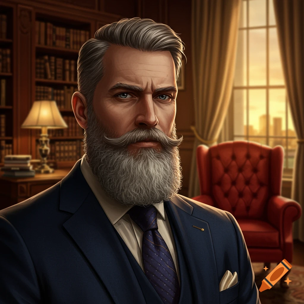 A distinguished man with a grey beard and mustache, wearing a dark blue suit and tie, sits in a study with a bookshelf and a red armchair.