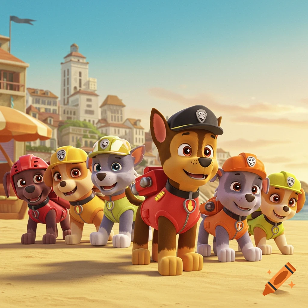Paw Patrol cartoon dogs, including Chase, Rubble, and Rocky, stand on a sandy beach with a coastal town in the background.