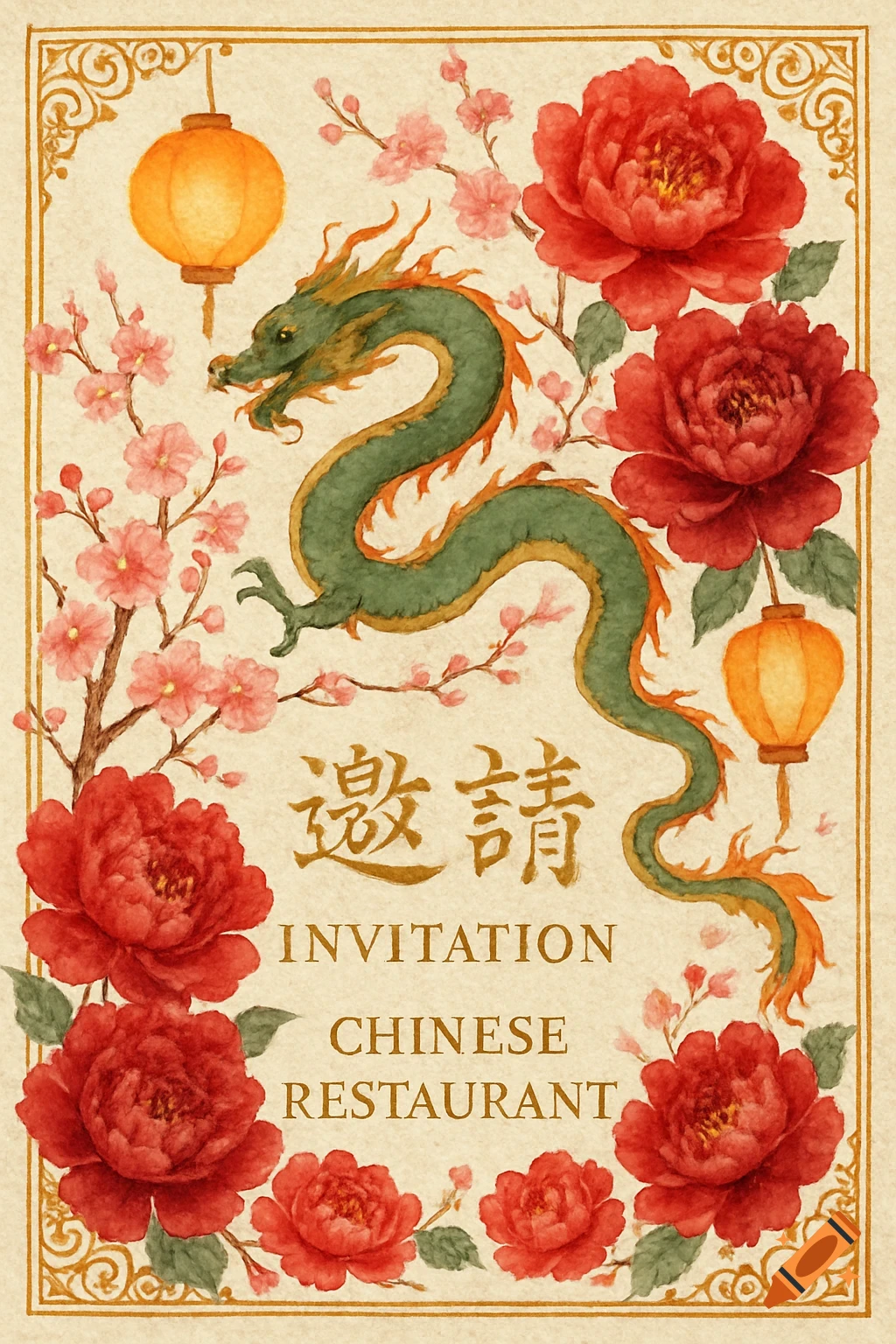 Watercolor Chinese restaurant invitation card with a green dragon, red peonies, pink cherry blossoms, and orange lanterns.