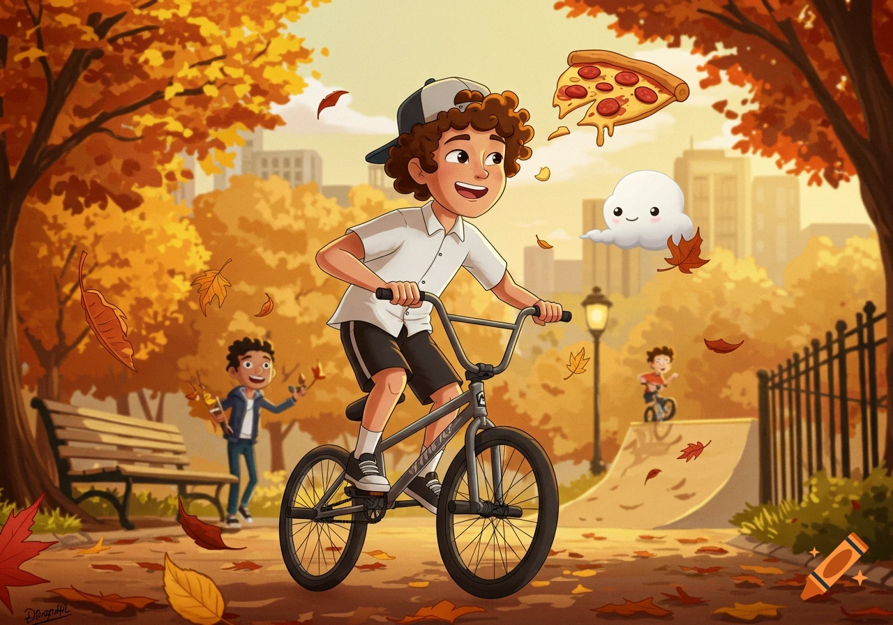A cartoon boy with curly brown hair and a hat rides a BMX bike through an autumn park with falling leaves, a floating pizza, and a happy cloud.