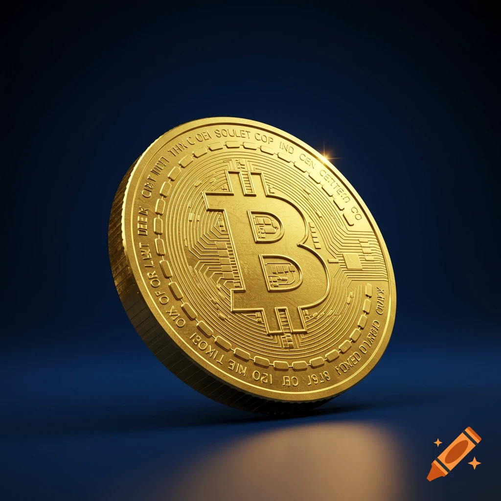 A shiny gold Bitcoin coin stands on a dark blue surface, reflecting light.