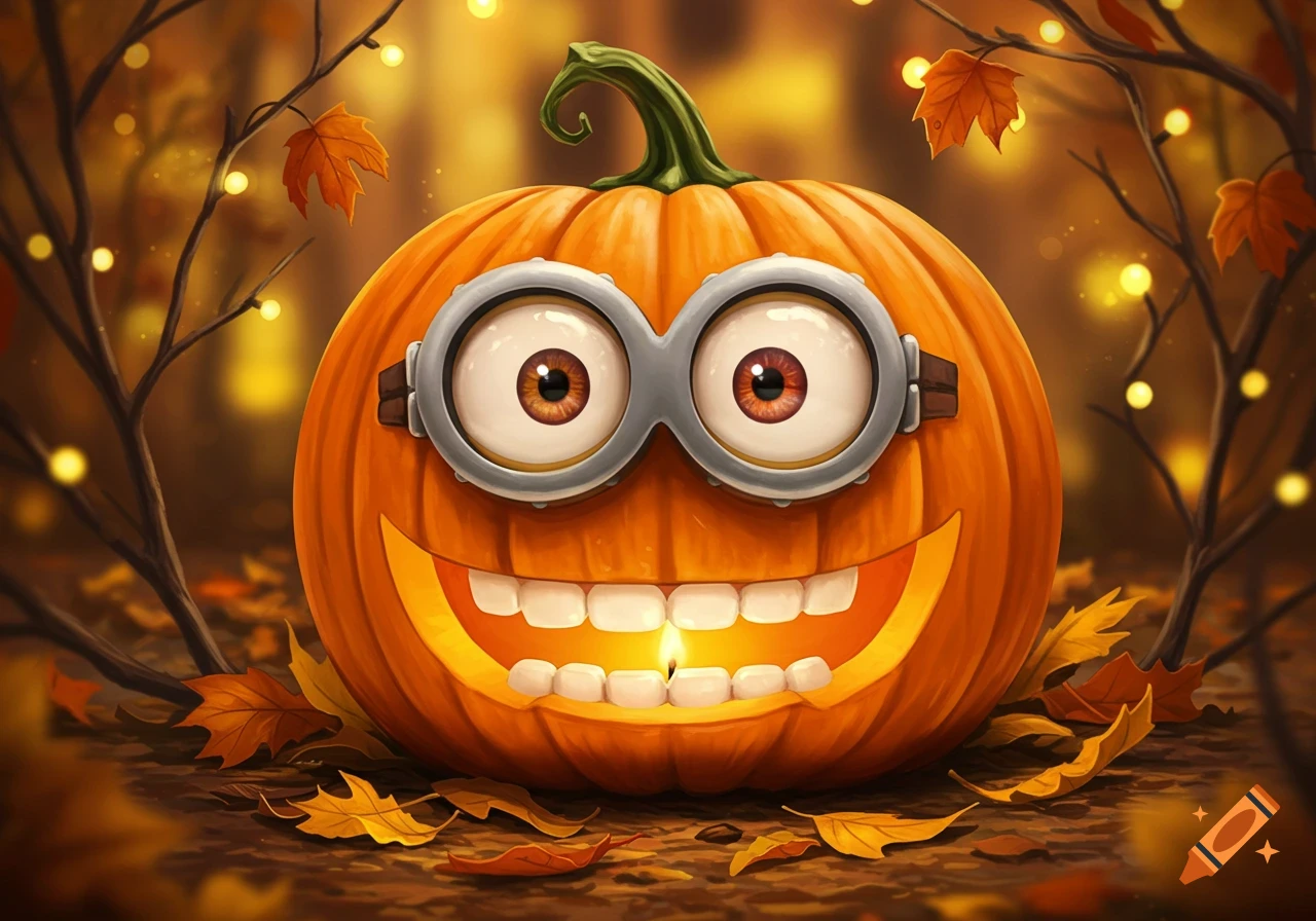 A Minion-themed pumpkin with goggles, a wide toothy grin, and a glowing candle inside, surrounded by autumn leaves and twinkling lights.