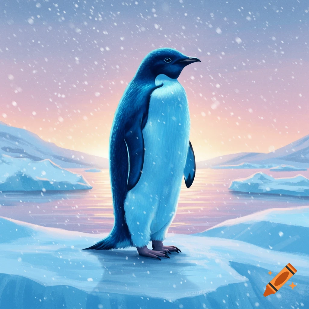 A blue penguin stands on a snowy ice floe in an arctic landscape at sunset with snow falling.
