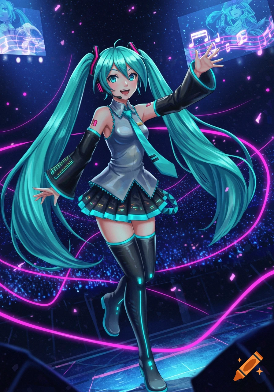 An anime girl, Hatsune Miku, performs on a dark stage with glowing pink and blue lights.