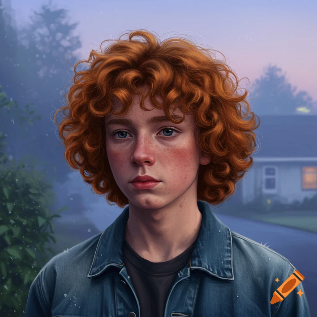 A portrait of a young person with curly red hair, freckles, and blue eyes, wearing a denim jacket, standing outdoors at dusk.