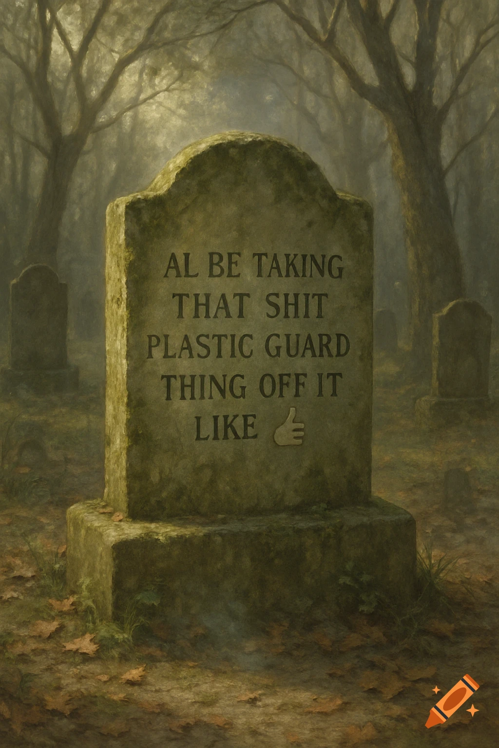 A tombstone with the text "AL BE TAKING THAT SHIT PLASTIC GUARD THING OFF IT LIKE 👍🏻" stands in a misty, dark graveyard with bare trees.