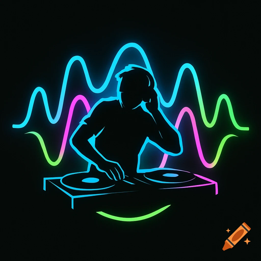 A silhouette of a DJ with headphones and turntables, surrounded by glowing neon sound waves on a black background.