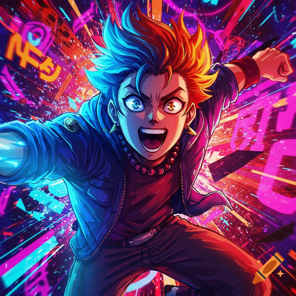 A vibrant anime character with blue and orange spiky hair, wearing a blue jacket, shouts with wide eyes amidst a neon, glitch-effect background.