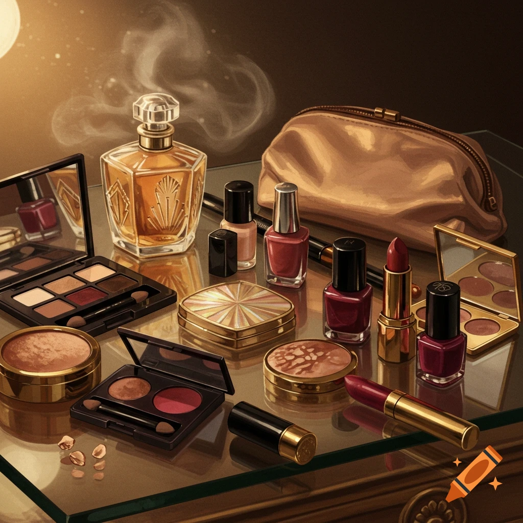 A still life of various gold-toned and red cosmetics on a glass table, including perfume, lipsticks, and eyeshadows.