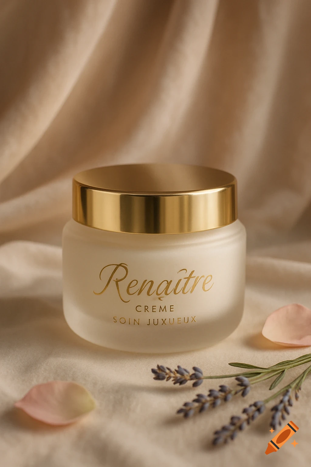A frosted jar of 'Rena tre' cream with a gold lid, surrounded by rose petals and lavender sprigs on a beige draped fabric.