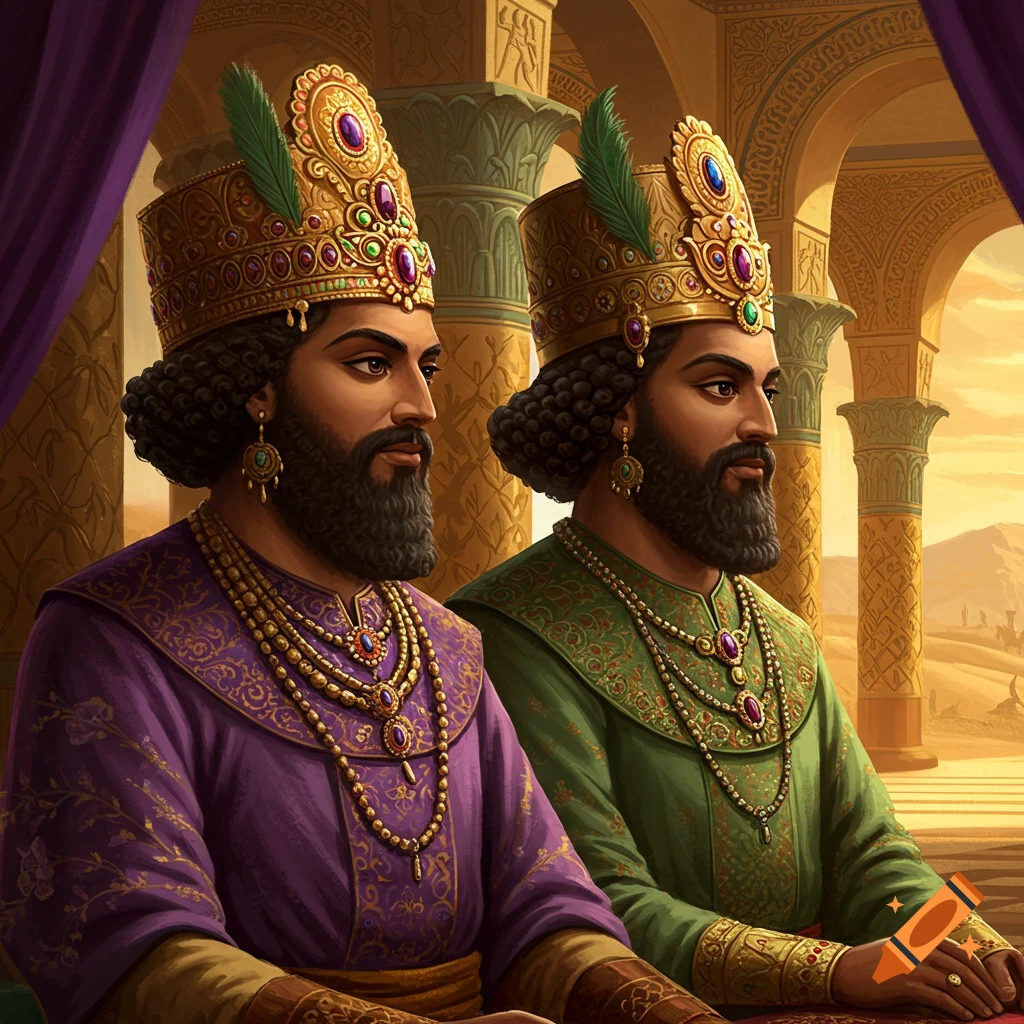 Two men in ornate Persian royal attire, with gold crowns, jewelry, and beards, sitting against a backdrop of ancient architecture in a desert.