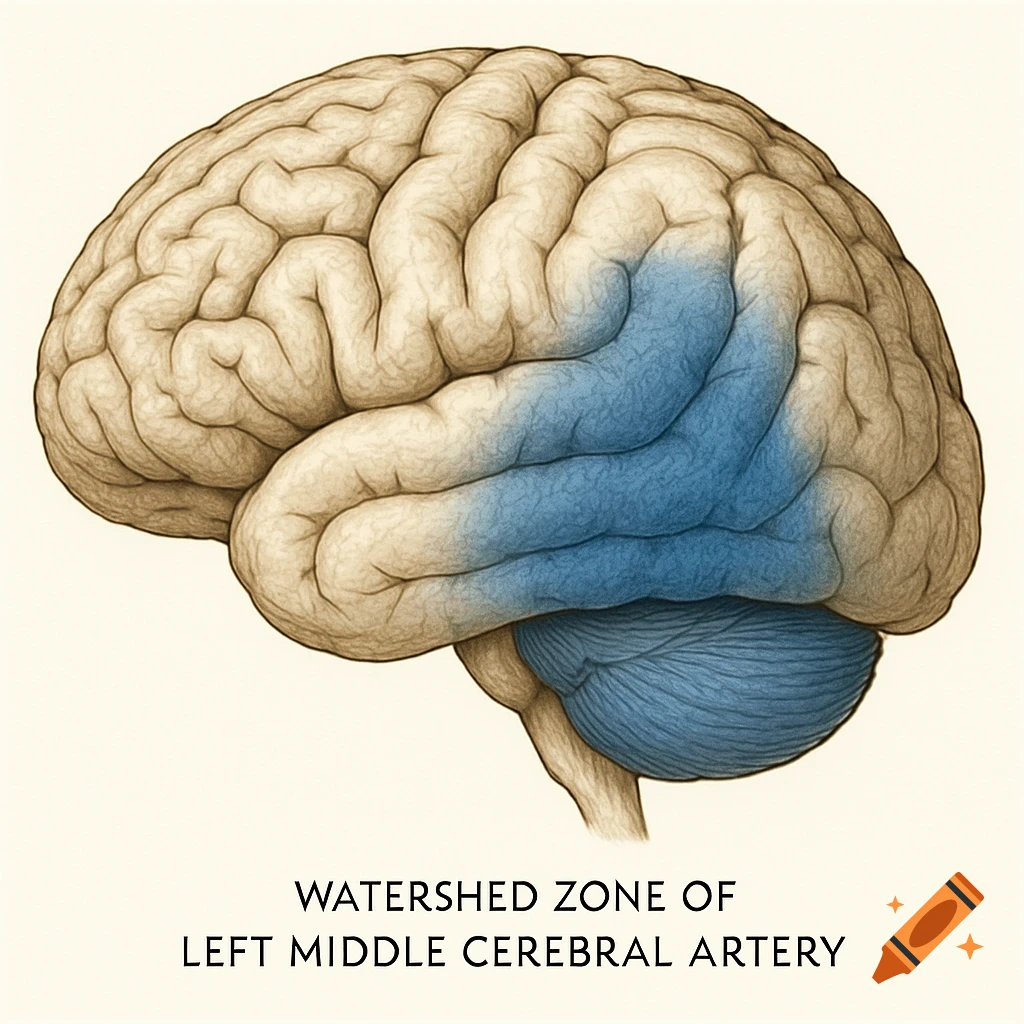 A detailed diagram of a human brain, left hemisphere, showing the watershed zone of the left middle cerebral artery highlighted in blue.