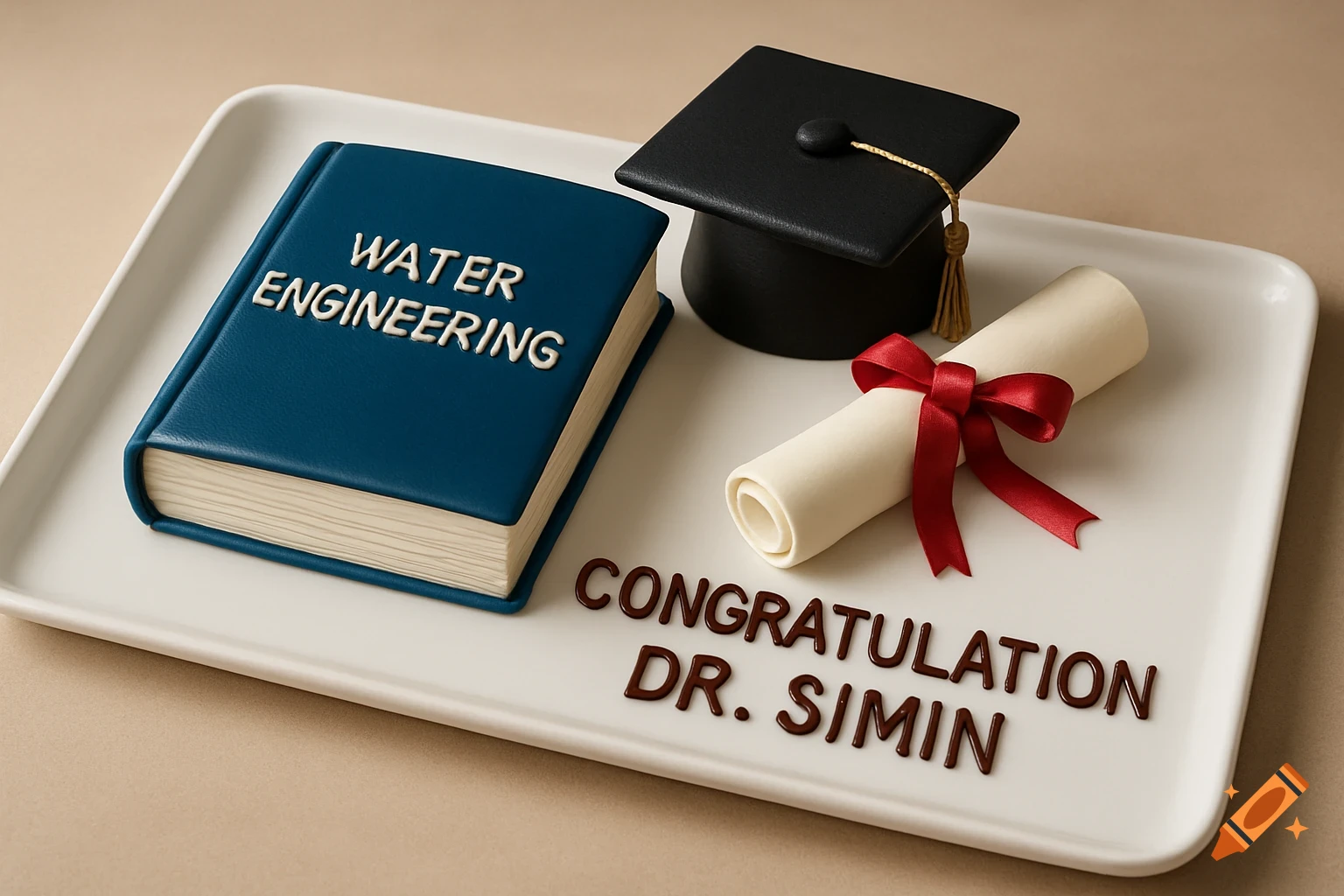 A realistic graduation cake on a white tray, featuring a blue book-shaped cake titled 'WATER ENGINEERING', a black graduation cap, a diploma, and text 'CONGRATULATION DR. SIMIN'.
