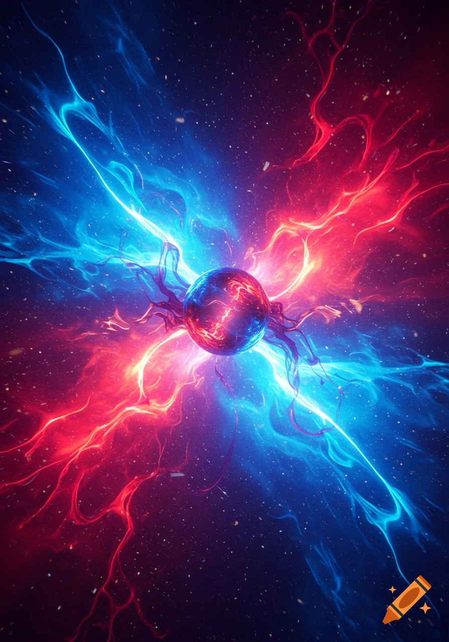A vibrant sphere with glowing red and blue energy bursts radiating into a dark, starry cosmic background.