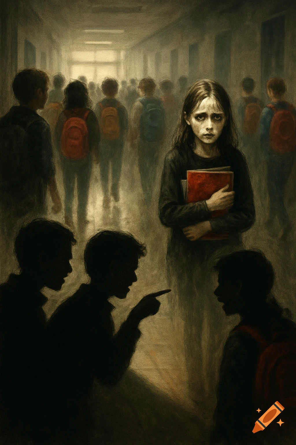 A lonely, sad girl holding books in a dark school hallway, surrounded by students, with silhouetted figures pointing. Painterly.
