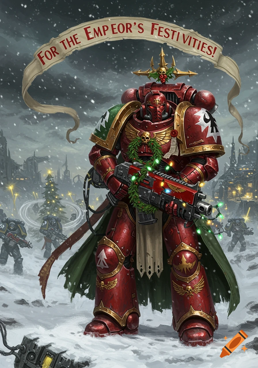 Red Warhammer 40k Space Marine with Christmas decorations and weapon in snowy city under banner 'FOR THE EMPEROR'S FESTIVITIES!'.