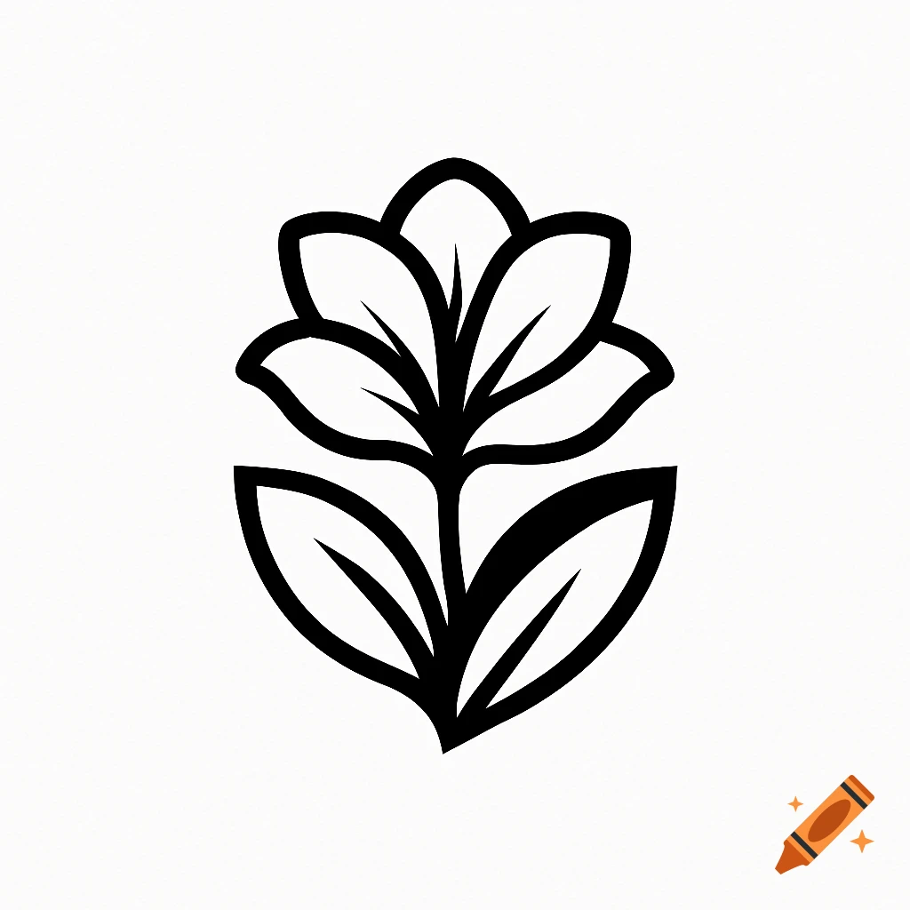 A minimalist black and white line art logo of a stylized flower or plant with several petals and leaves.