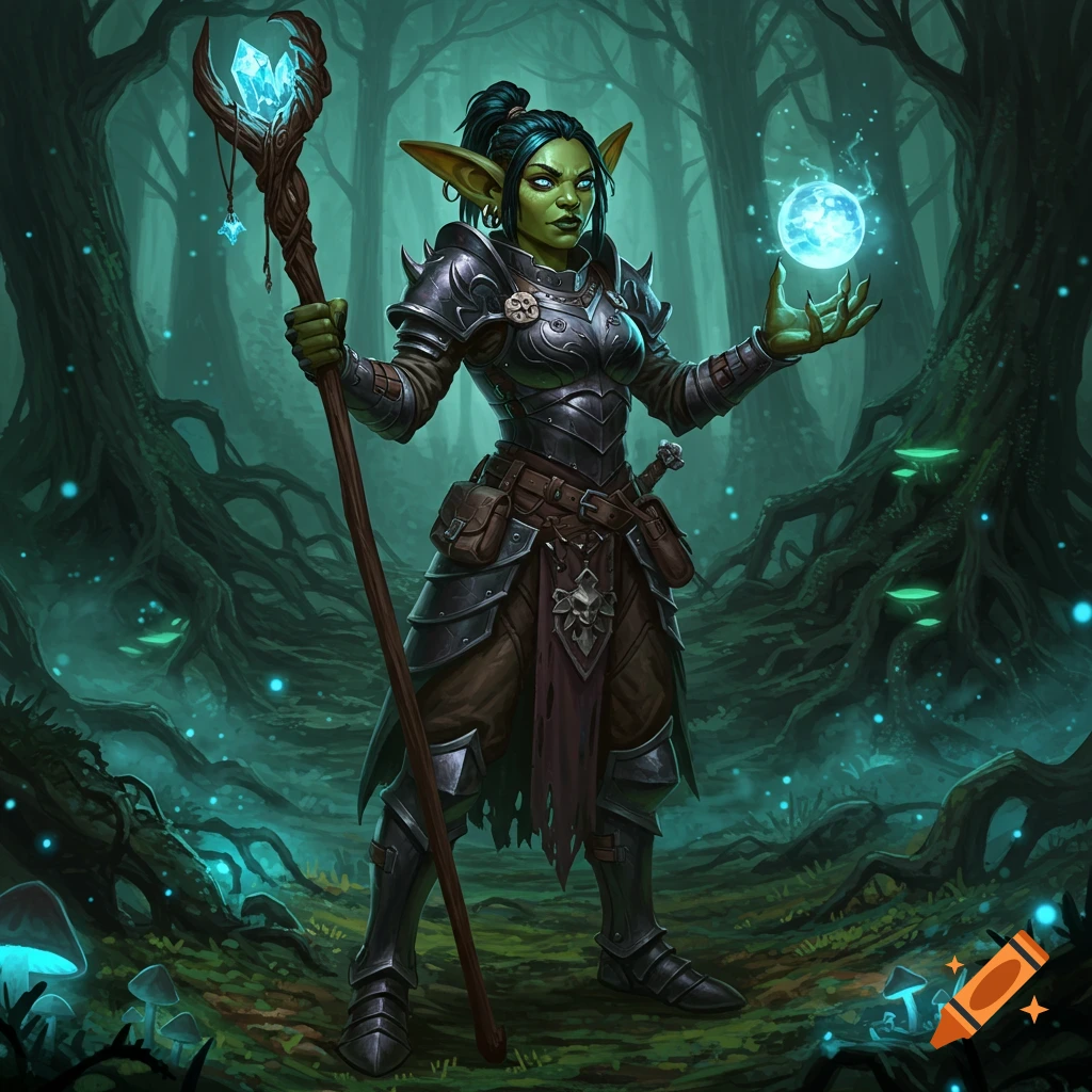 A female goblin in dark armor holds a crystal staff and a glowing orb in a magical, misty forest with luminescent mushrooms.