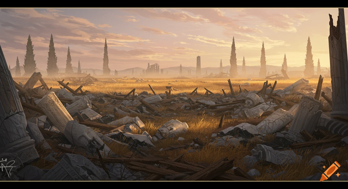 A desolate field of ancient rubble and broken pillars from an elven city under a golden sunset sky, with tall spires in the distance, in a DnD art style.