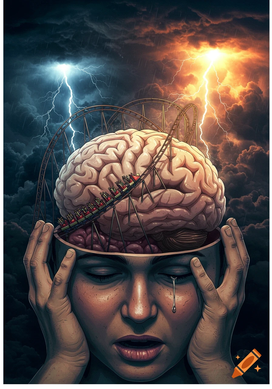 A surreal illustration of a person with an open head, a brain-rollercoaster inside, lightning in the sky, and a tear on their cheek.