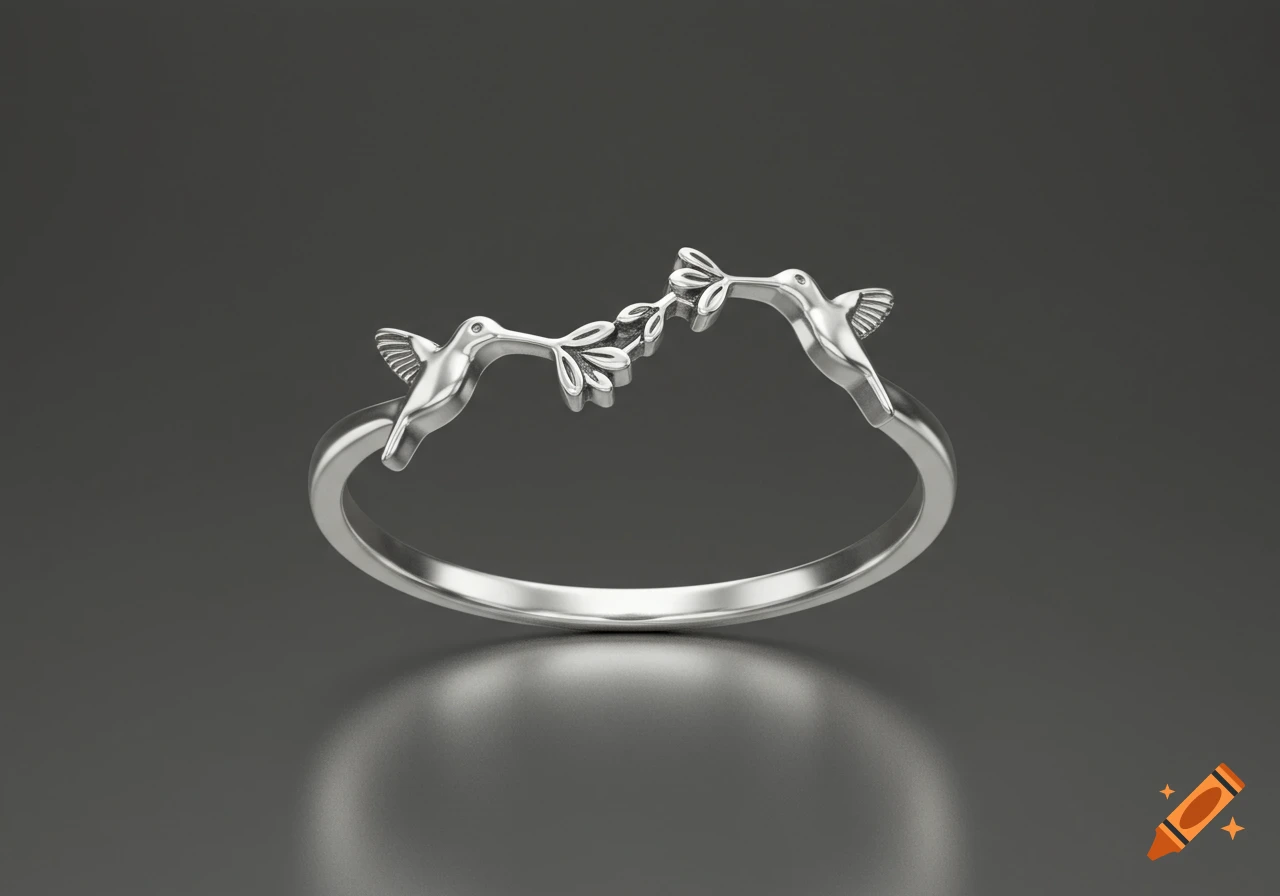 A gleaming silver ring features two hummingbirds facing each other, holding a small leafy branch with their beaks, against a dark background.