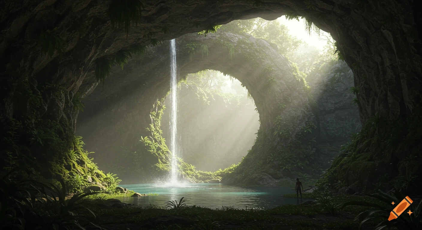 Hyperrealistic view of a cathedral-like cave with a waterfall, clear pool, and golden light filtering through a dense rainforest.