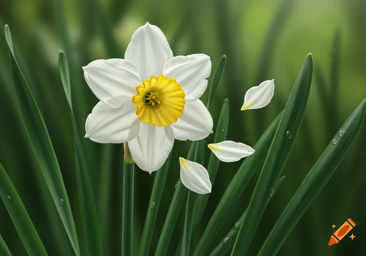 A vibrant digital painting of a white and yellow narcissus flower with two petals falling, surrounded by lush green leaves with water droplets.