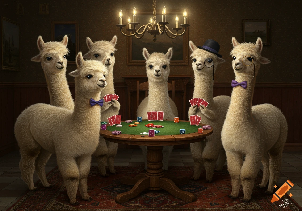 Six alpacas, some in bow ties or a top hat, play poker around a green table in a dark room, in a painting style.
