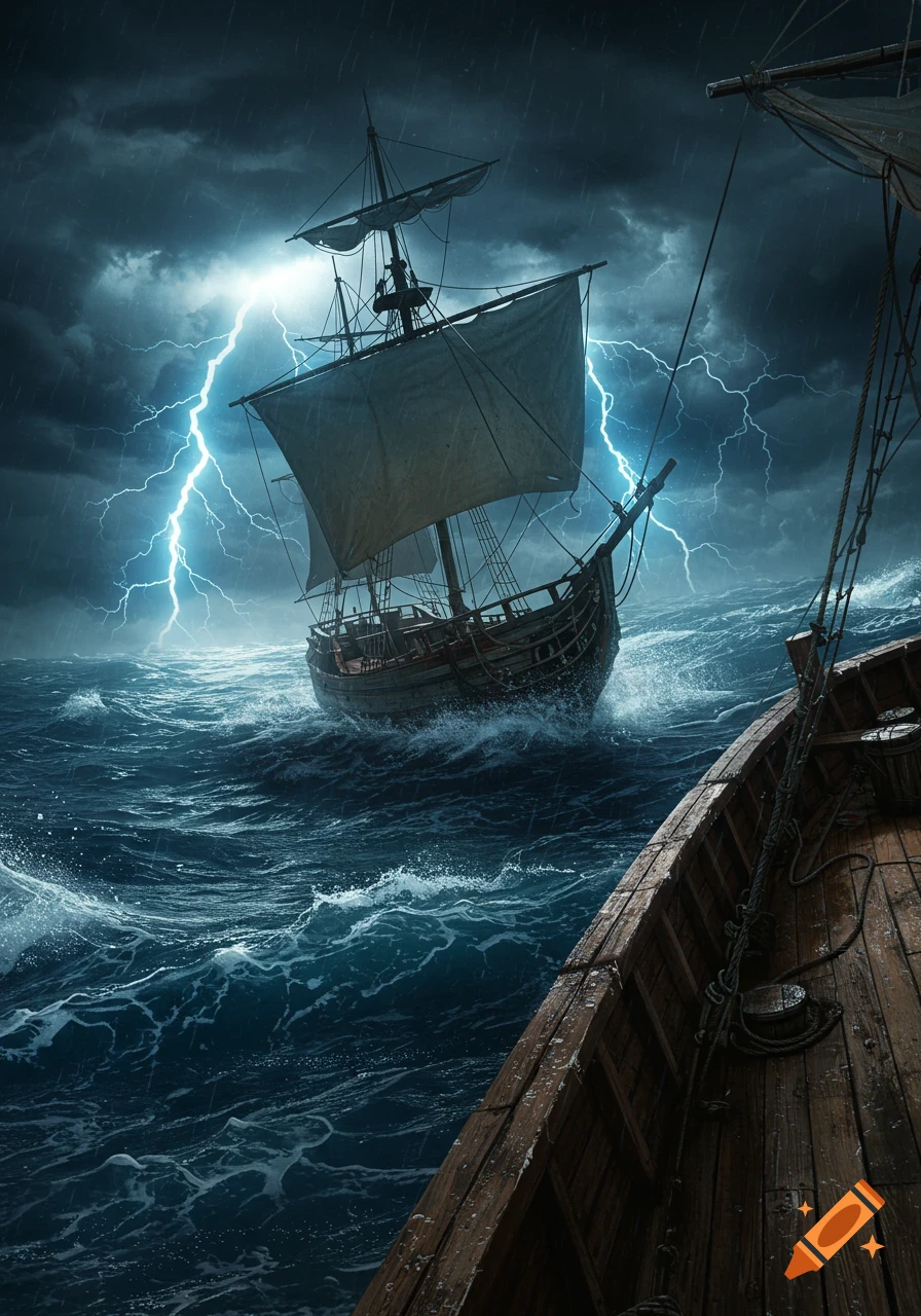A dramatic, photorealistic painting of a sailing ship on a stormy sea with lightning strikes, viewed from another boat.