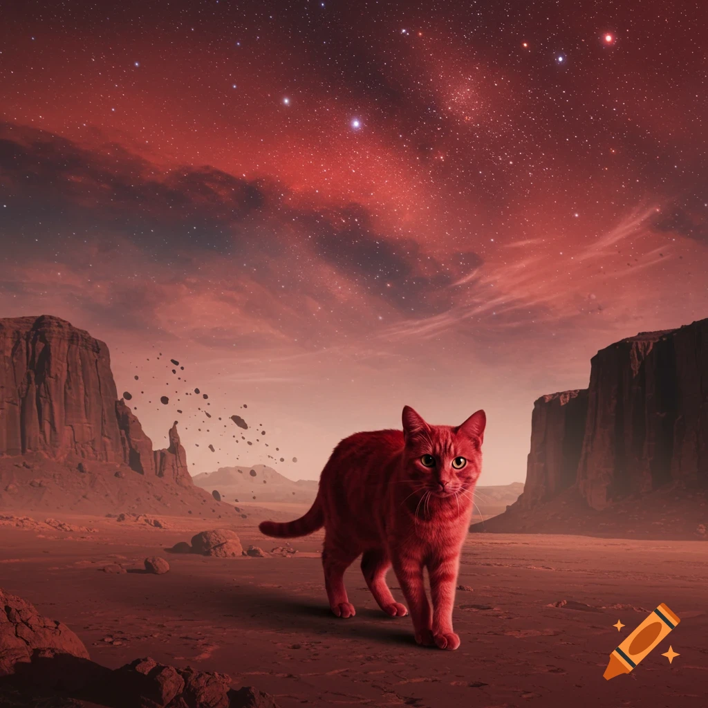 A vibrant red cat walks across a reddish Martian desert landscape with towering mesas under a star-filled crimson sky.