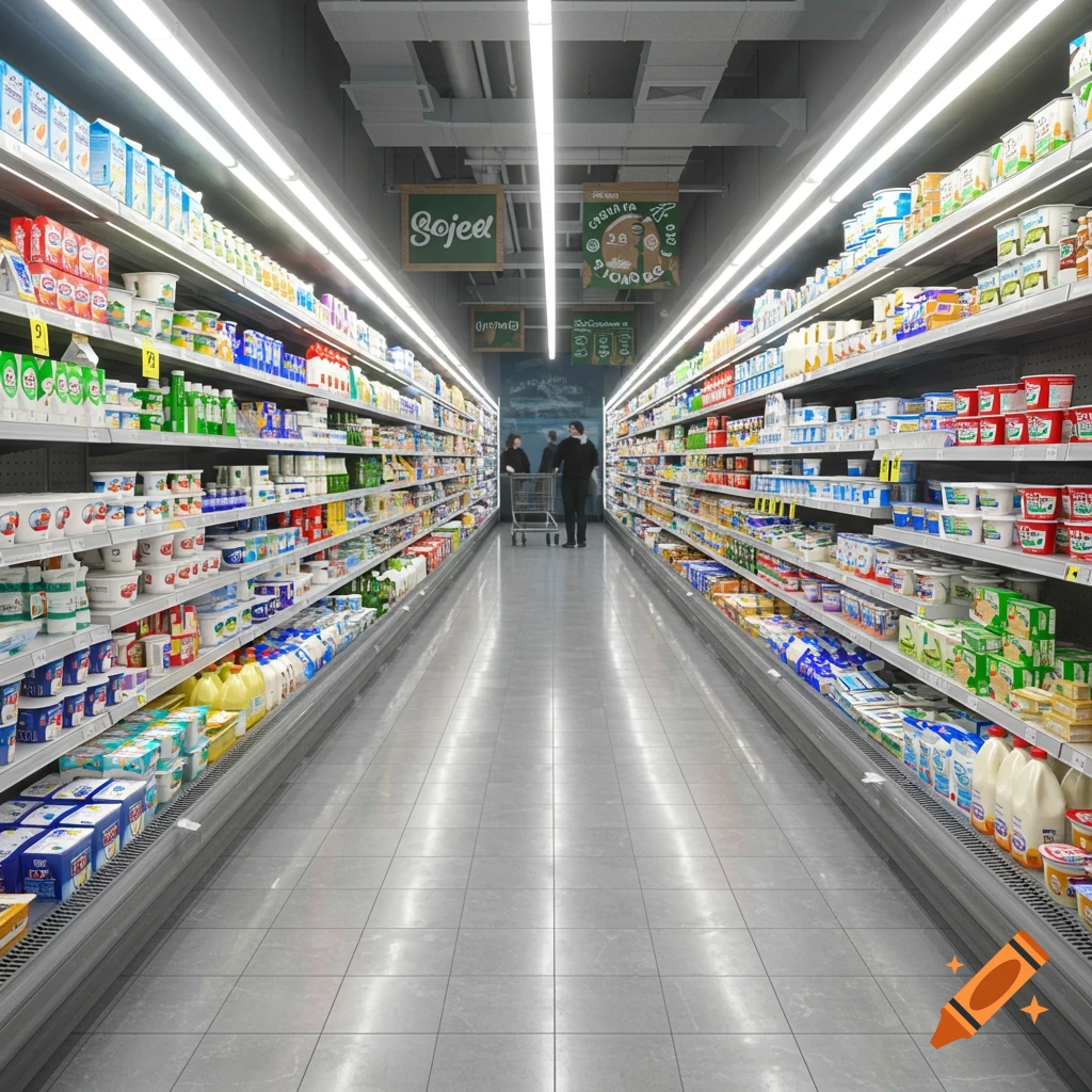 A long supermarket aisle with brightly lit shelves packed with dairy products, leading to two people with a shopping cart in the distance.