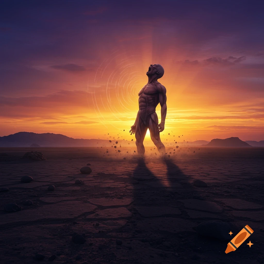 Muscular, skinless figure screams in a cracked desert at sunset, glowing with golden light and radiating energy.