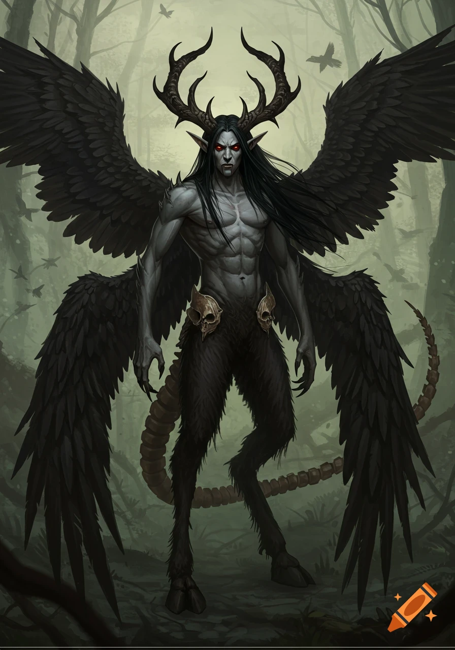 A dark fantasy creature with black wings, antlers, goat legs, and a skeletal tail stands in a misty forest.