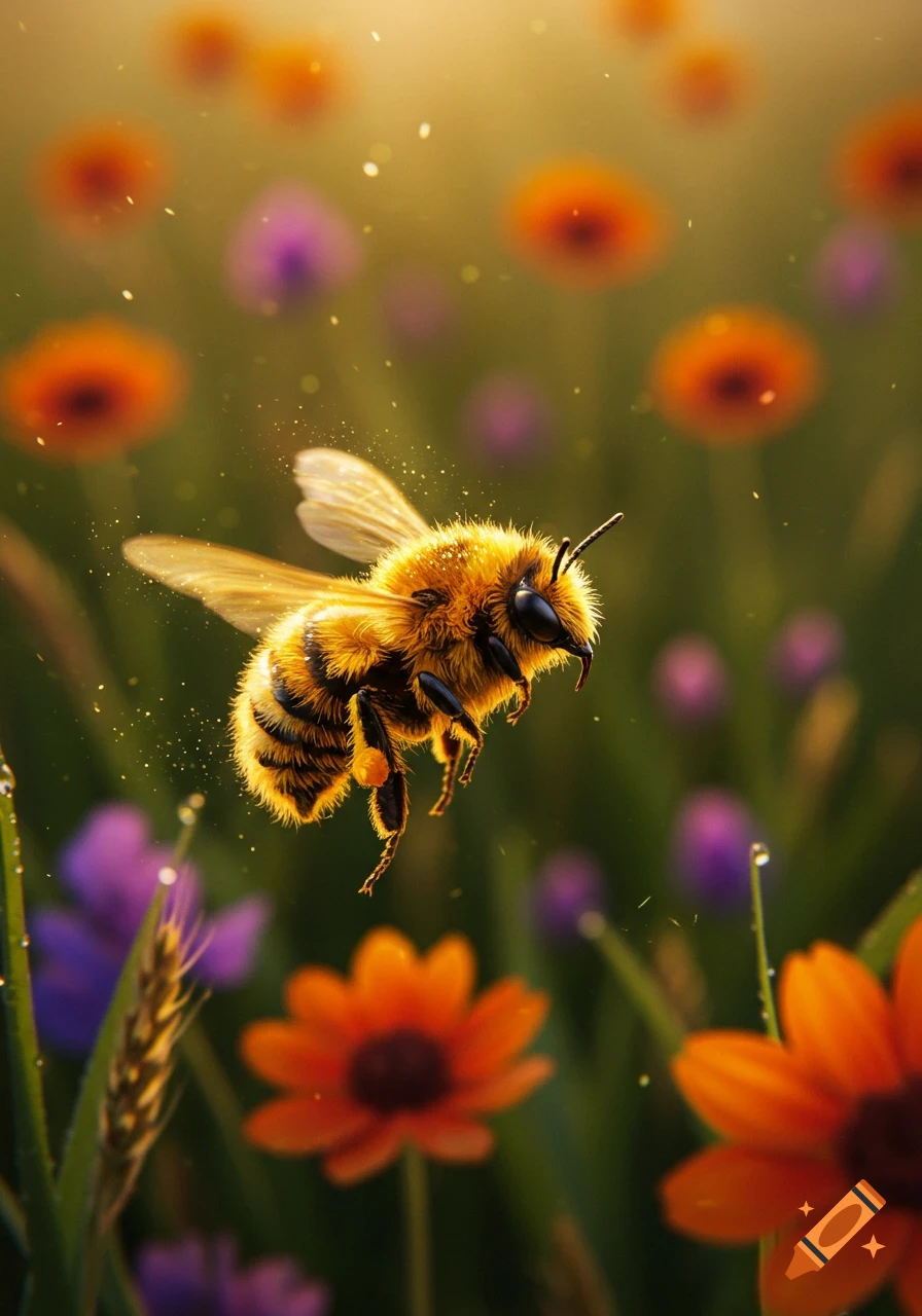 A close-up, photorealistic shot of a fluffy bumblebee flying over blurry orange and purple flowers in golden light.