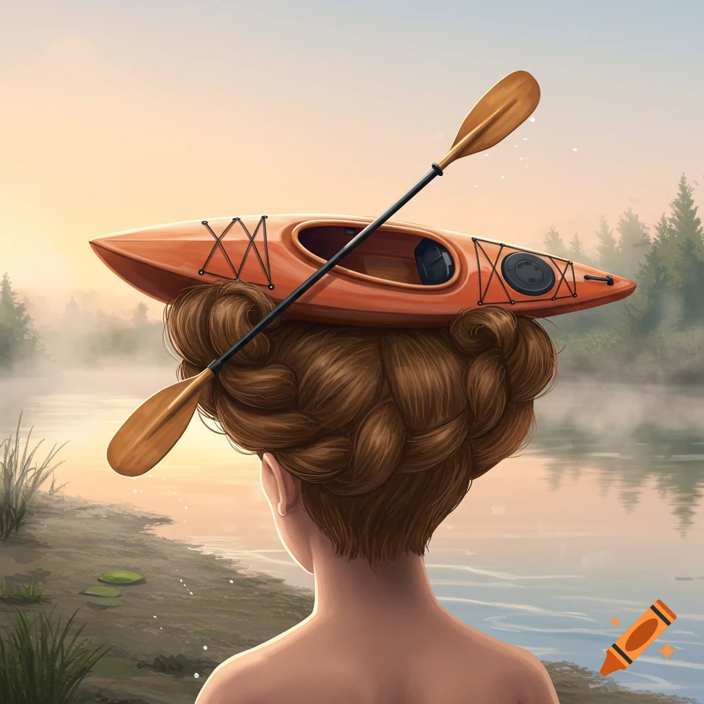 Digital painting of a person with an orange kayak and paddle on their head, looking at a misty lake at dawn.