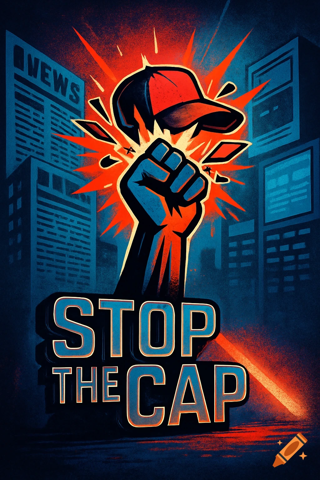Stylized graphic poster of a blue fist punching a red baseball cap, with 'STOP THE CAP' text. City buildings in the background.