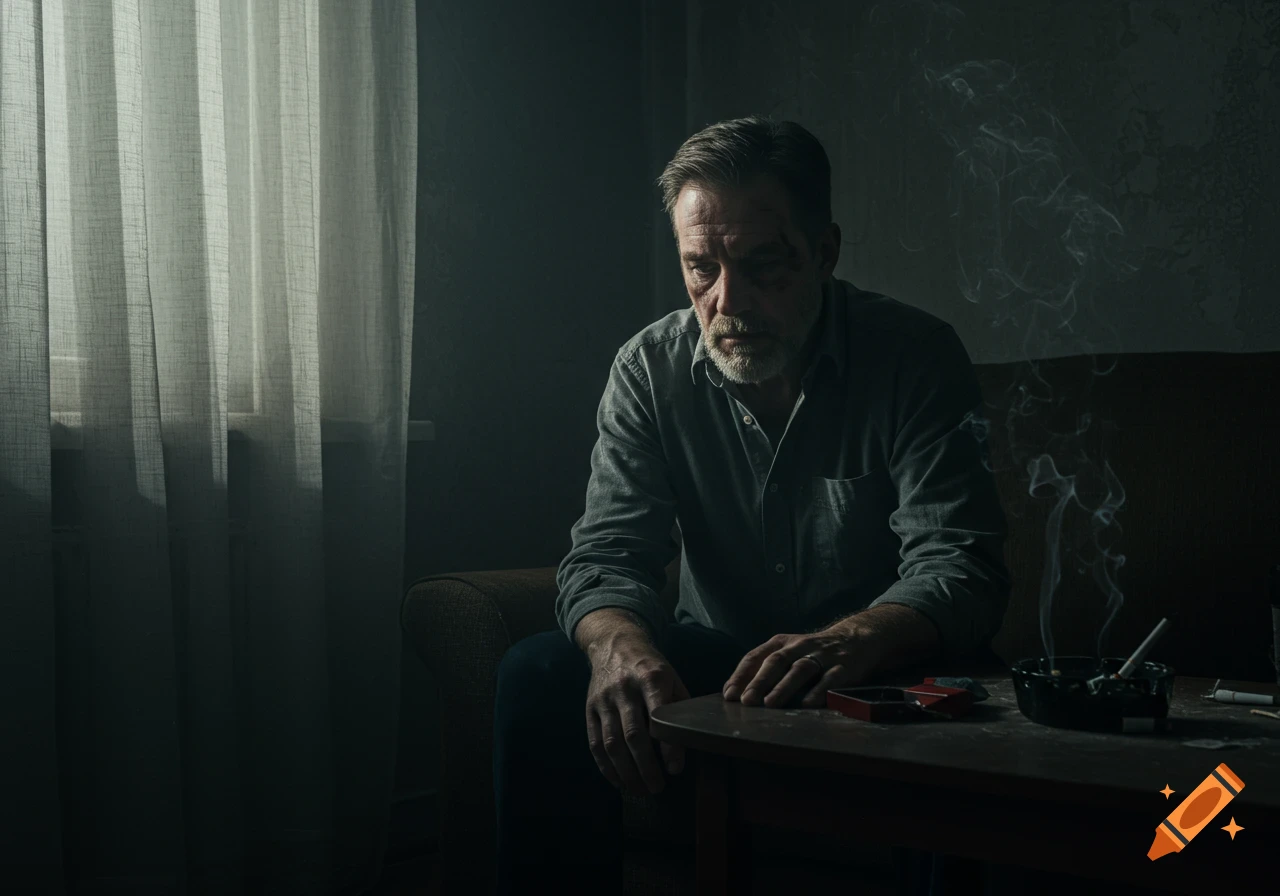 A somber, middle-aged man with a beard sits in a dimly lit room, looking down at a table with an ashtray and cigarettes.