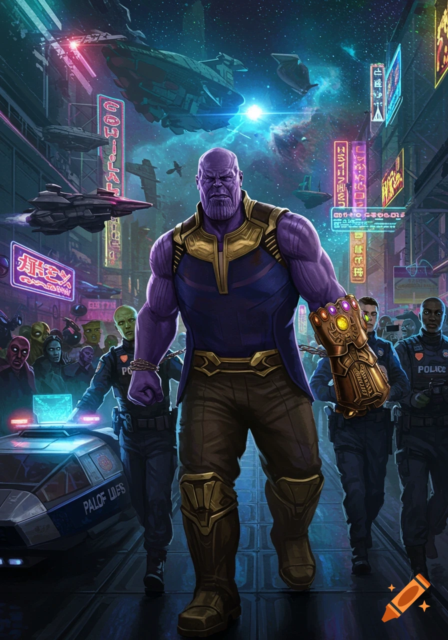 Thanos, chained with the Infinity Gauntlet, escorted by police through a futuristic, neon-lit city with flying vehicles. Comic art.
