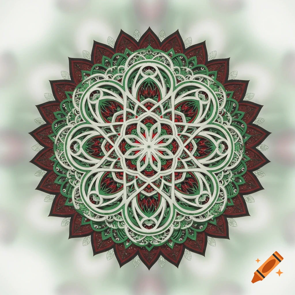 An intricate, layered mandala featuring concentric patterns in white, green, red, and black, set against a soft, blurred background.